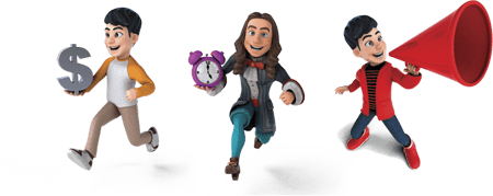 5. TrendSetter : Ilustra&ccedil;&atilde;o de  3 influencers com objetos em m&atilde;os megafone, rel&oacute;gio e dinheiro