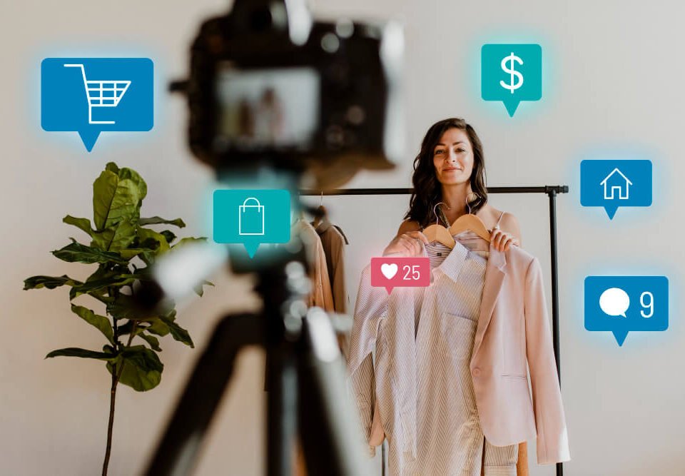 Como Contratar influencers para campanhas de Marketing de Influência, na imagem umaComo Contratar influencers para campanhas de Marketing de Influênciai, na imagem temos uma influencer segurando roupas de frente para uma câmera e com icones relacionado as compras