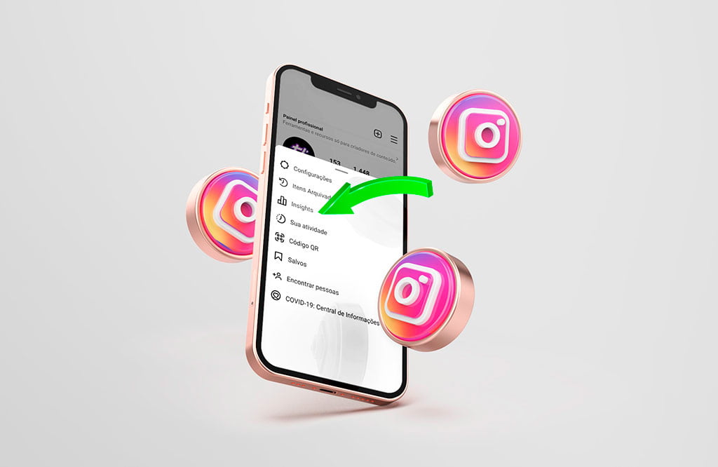 Como ver insights instagram? : Tela de celular mostrando informa&ccedil;&otilde;es de configura&ccedil;&otilde;es com logos em 3d do instagram ao lado em um fundo cinza