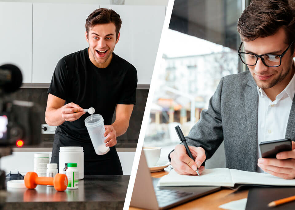 Foto de influenciador fazendo campanha de produto versus o mesmo vestido como empresário