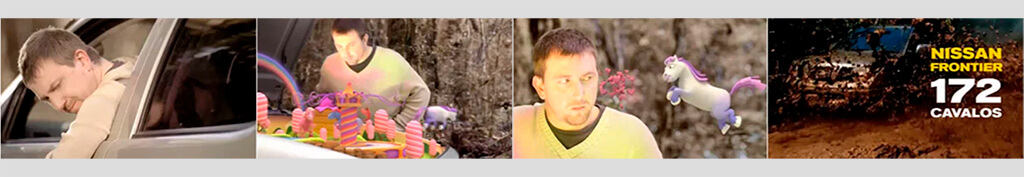 Exemplo de marketing viral : Imagens de um rapaz na janela de um carro da nissan e depois o mesmo na frente do carro olhando pro motor onde aparecia um parque colorido com poneis