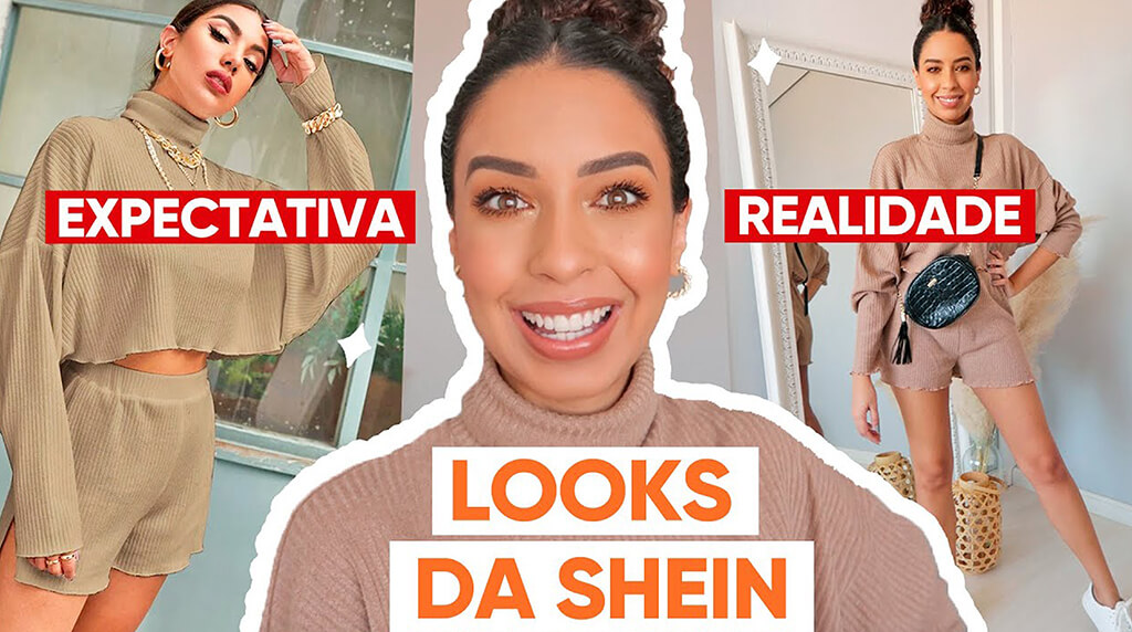Exemplo de marketing viral : Influenciadora vestindo roupas da Shein mostrando expectativa e realidade