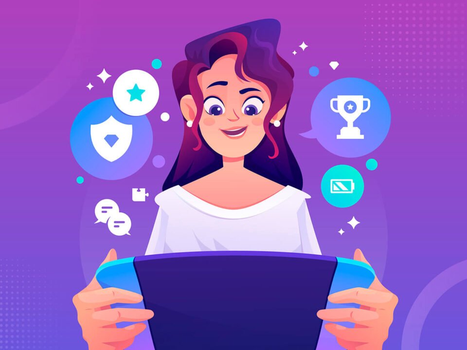 Capa benef. gamif. desenho feminino de frente um notebook e dele saindo vários ícones de gamificação